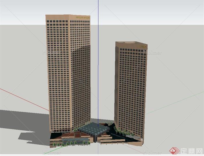 现代两栋高层办公建筑设计SU模型