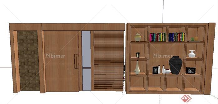 现代室内木质隔断墙、置物柜、推拉门设计SU模型
