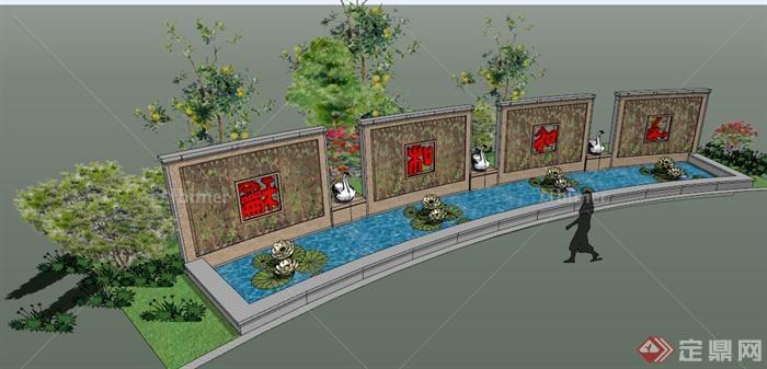 某现代中式景墙水池景观设计SU模型