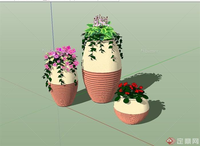 三个不同大小的陶罐花钵景观小品设计su模型[原创