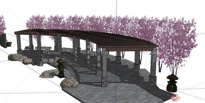 古典中式廊架、弧形花架、景墙水体设计SU模型[原