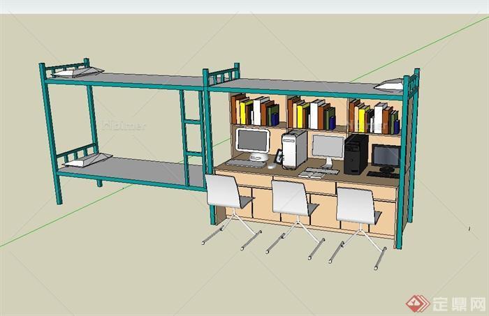学校学生寝室高低床、柜子、座椅组合设计su模型