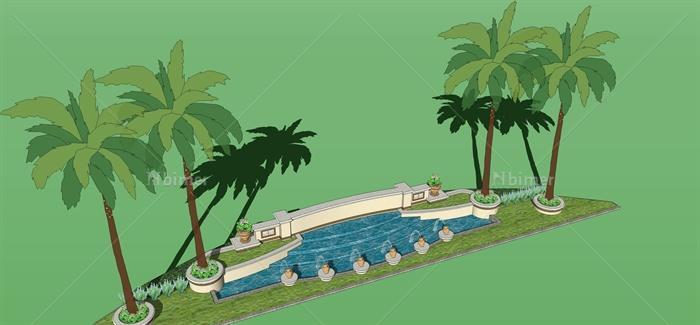 某西班牙风格入口景观LOGO墙水池设计su模型[原创