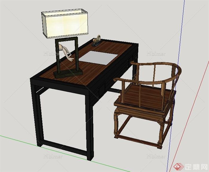 中式木质办公桌椅设计SU模型