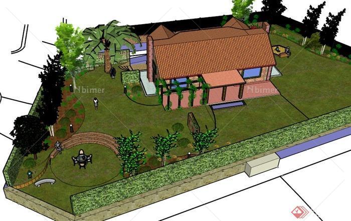 某现代一层私家庭院景观设计SU模型