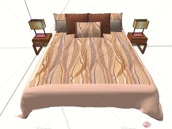 简约中式床及床头柜su模型