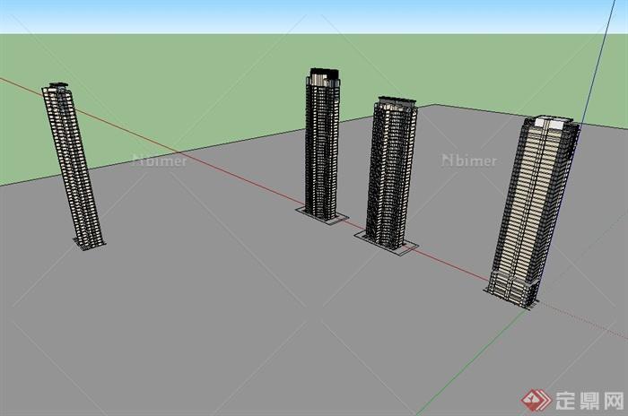 四栋不同的高层住宅建筑楼设计SU模型[原创]