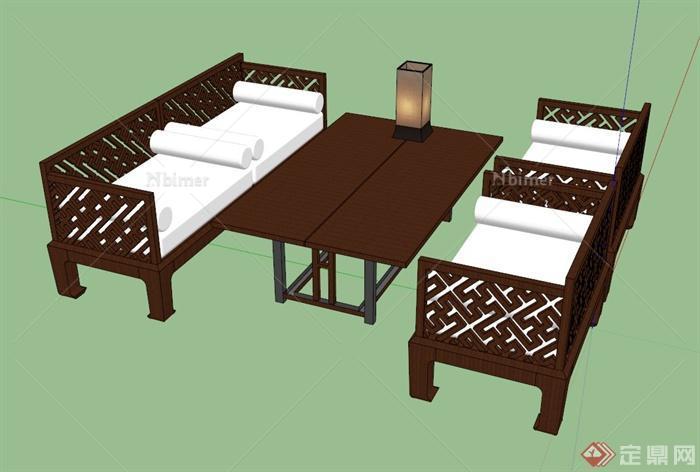 中式木制休闲桌椅设计SU模型