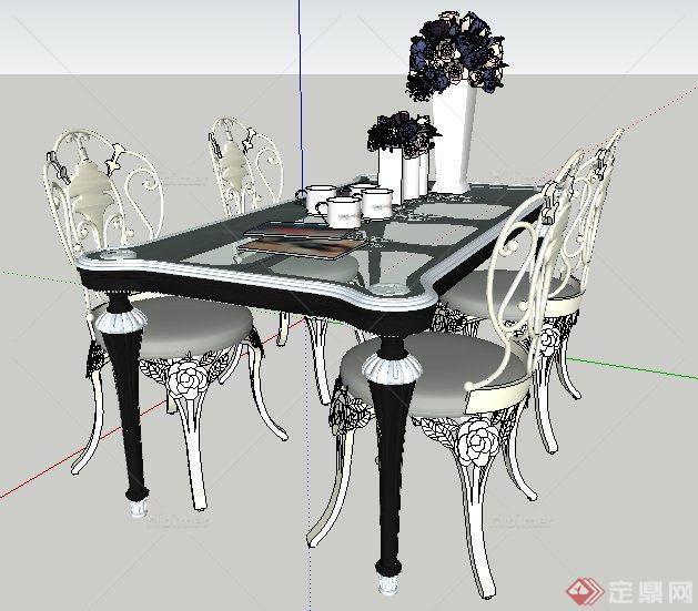 欧式雕花四人餐桌椅su模型