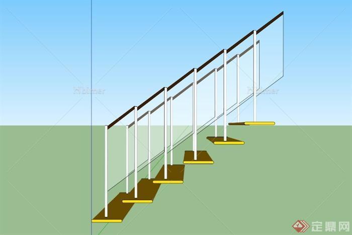 现代玻璃栏杆围栏黄色楼梯设计SU模型