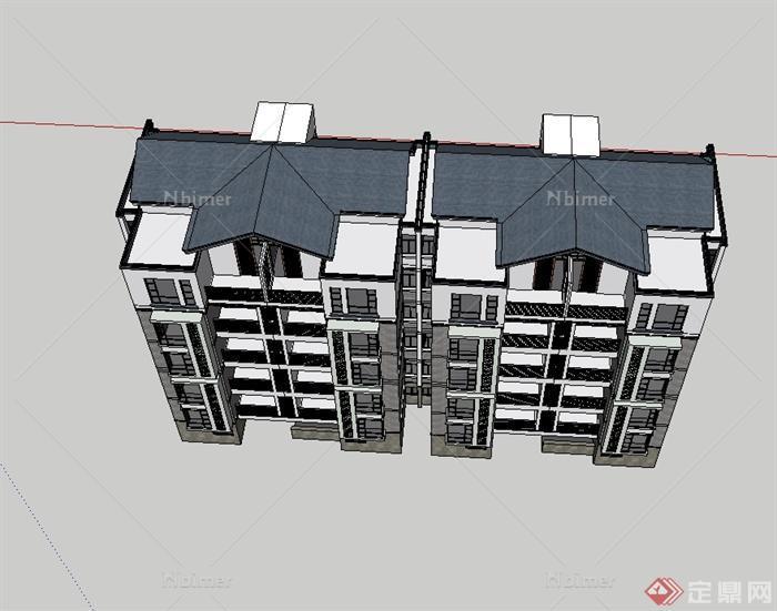 新中式风格双拼住宅楼建筑设计su模型[原创]