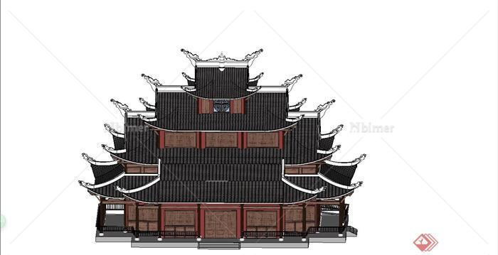某古典中式风格财神庙建筑设计SU模型[原创]