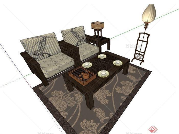 中式风格室内沙发、茶几组合设计SU模型