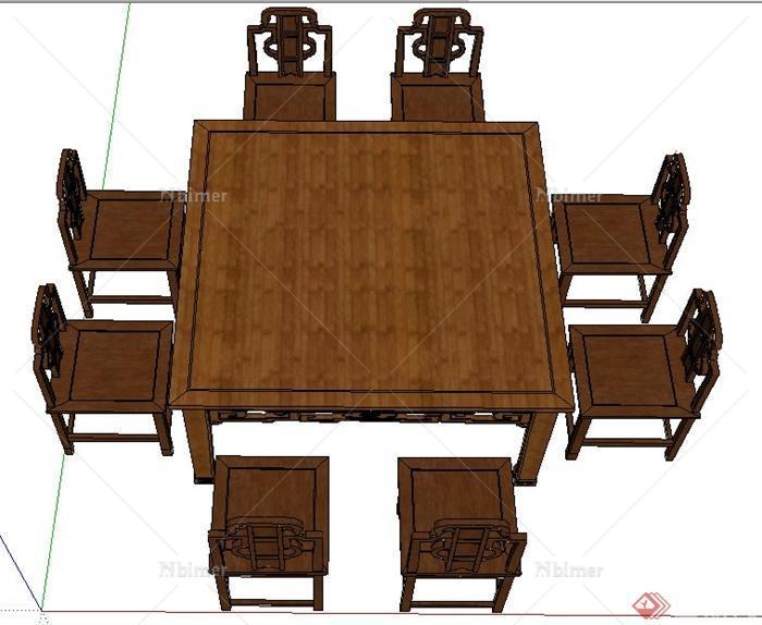 现代中式木制方形餐桌椅su模型