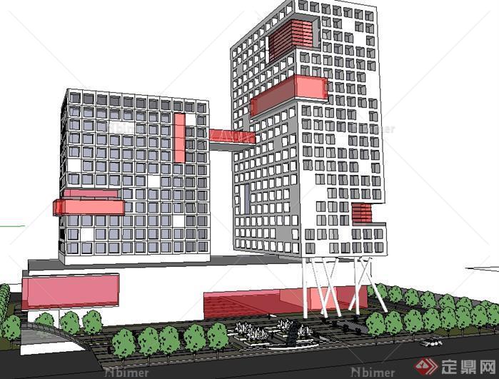 极富现代感办公+酒店建筑项目方案SU精致设计模型