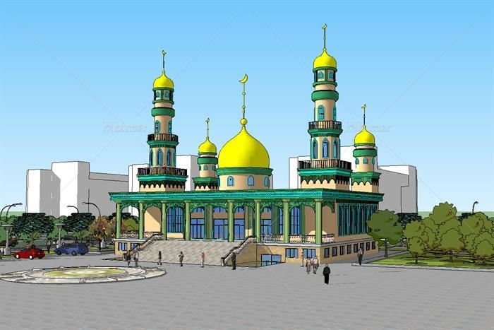 新疆某清真寺建筑设计su模型、cad方案、psd效果