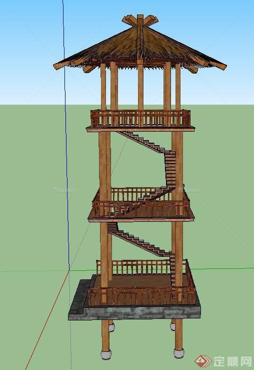 古典中式三层木质景观塔设计SU模型