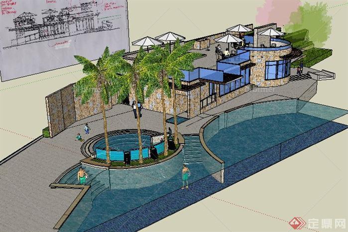 一个东南亚风格游泳池景观设计SketchUp(SU)3D模