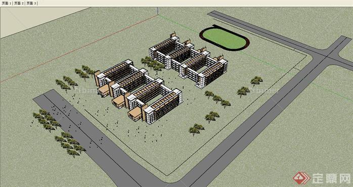 某现代中小学校建筑设计方案su 模型