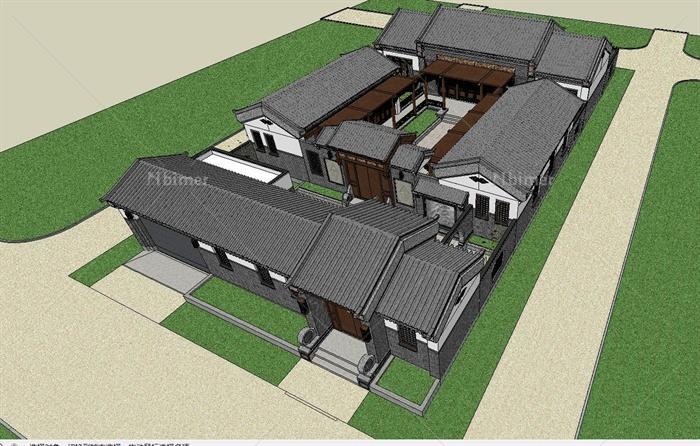 某精致古典中式风格四合院式住宅建筑设计SU模型