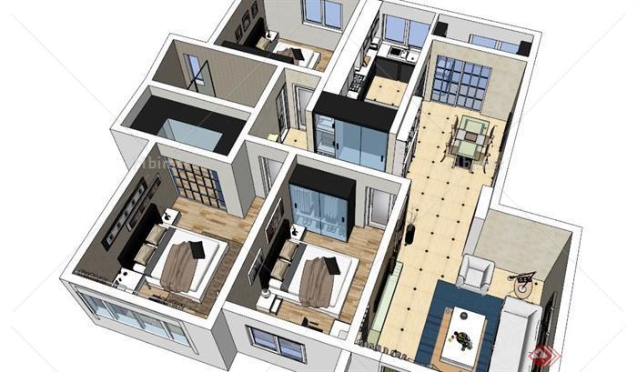 现代大三居室室内装饰设计SU模型