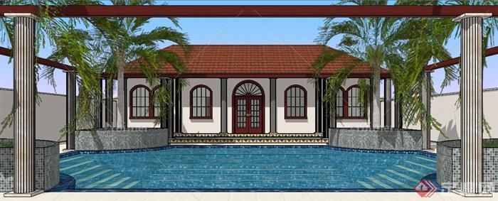 某现代风格住宅建筑设计以及庭院泳池景观SU模型