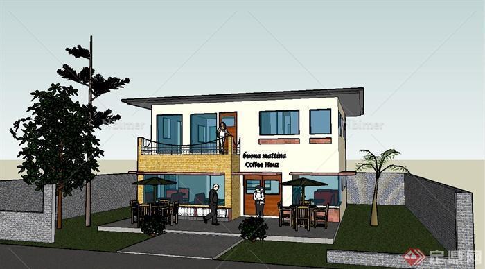 某现代两层咖啡馆建筑设计SU模型