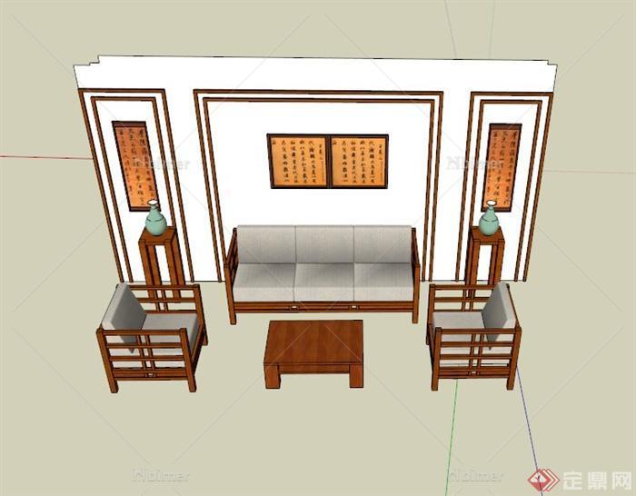 中式沙发茶几背景墙组合设计SU模型