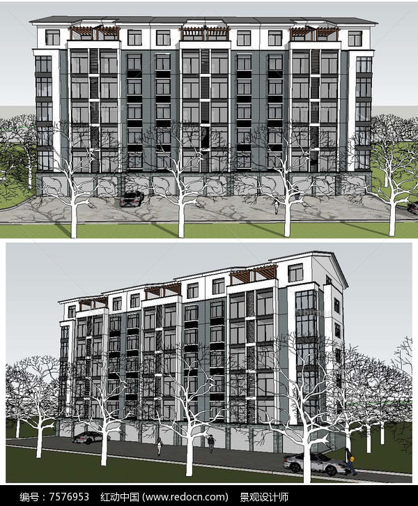 多层中式住宅建筑草图大师SU模型