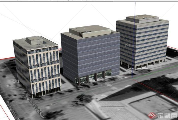 三栋办公楼建筑设计SU模型