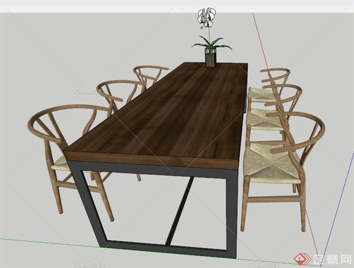 中式风格六人座矩形餐桌椅su模型