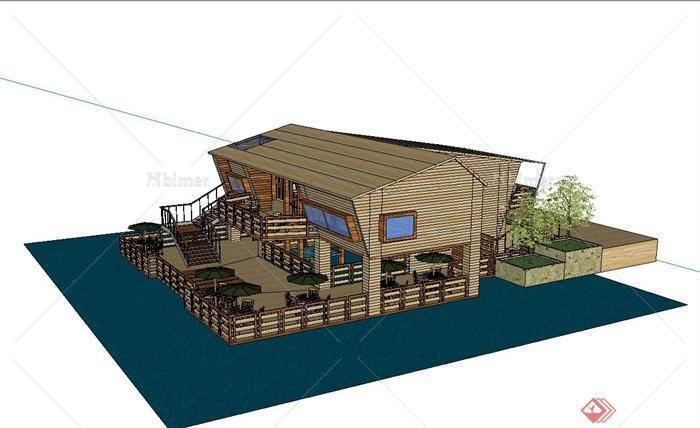 某现代风格全木质海上餐馆建筑设计su模型[原创]