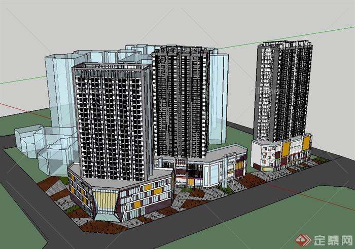 现代风格居住区商住楼设计su模型[原创]