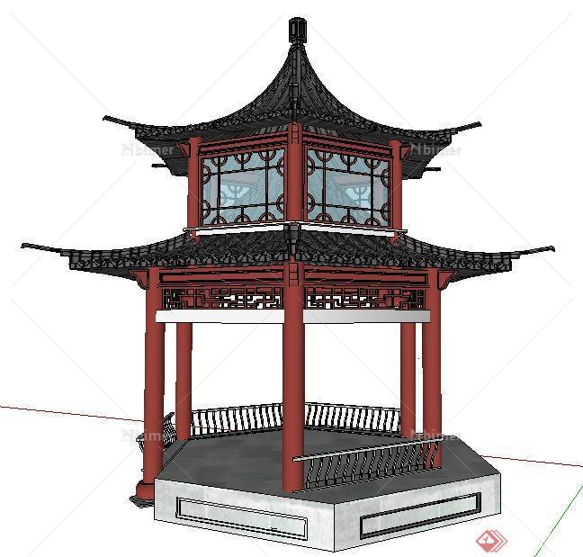 古典中式六角重檐亭su模型