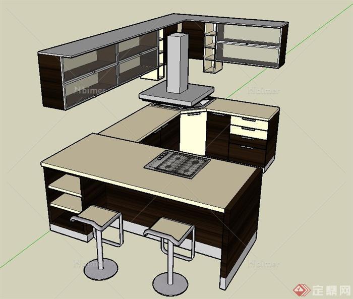 现代厨房橱柜、吧台设计SU模型[原创]