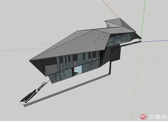 某现代风格单独的博物馆建筑设计su模型[原创]