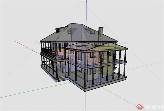某美式风格独特制作的别墅建筑楼设计su模型[原创