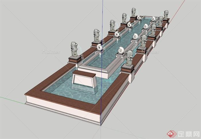 现代中式喷水水池景观设计SU模型[原创]