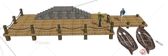 现代风格滨水木平台及船只su模型
