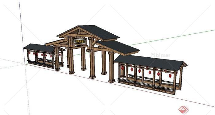 全木质古典中式公园大门入口设计su模型