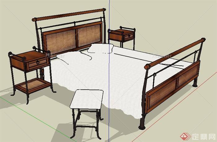 中式风格木质铁艺双人床su模型