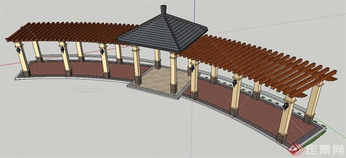 新古典风格弧形亭廊组合su模型