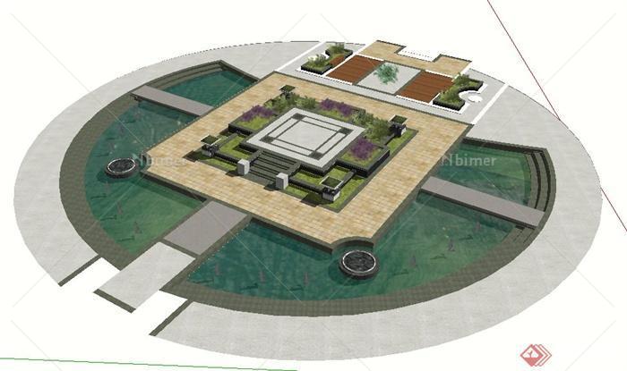 现代风格圆形喷泉水池及种植池su模型