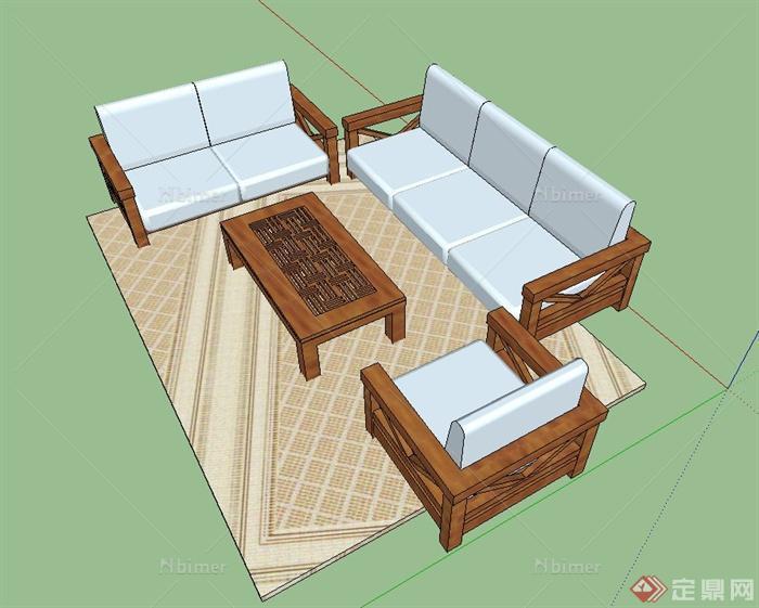 现代中式木质沙发、茶几设计SU模型