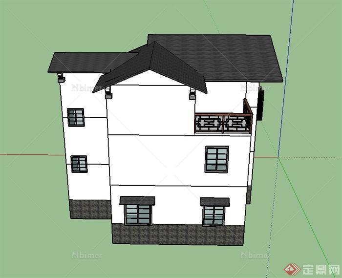 某三层现代中式风格乡村住宅建筑设计SU模型