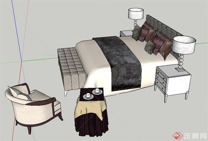 现代风格床及床头柜家具组合su模型