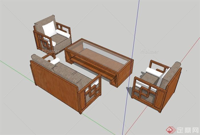 某现代中式沙发茶几家具设计su模型[原创]