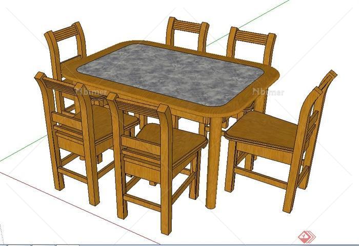 中式木质餐桌椅组合su模型[原创]