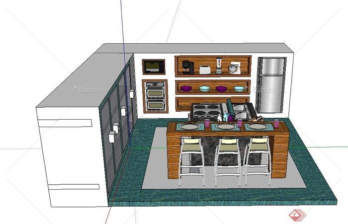 现代风格住宅室内开放式厨房设计su模型[原创]
