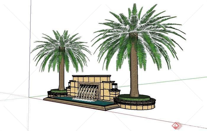 某小区大门入口欧式喷泉水池设计su模型（含树池